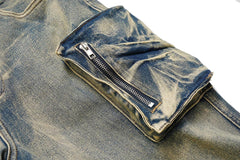 Light Blue Acid Wash 3D Multi-Pocket Zip Flare Leg Denim