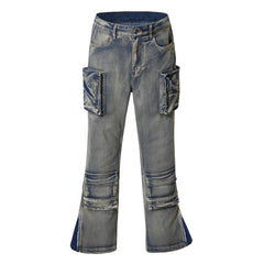 Light Blue Acid Wash 3D Multi-Pocket Zip Flare Leg Denim