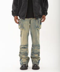 Light Blue Acid Wash 3D Multi-Pocket Zip Flare Leg Denim