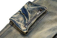 Light Blue Acid Wash 3D Multi-Pocket Zip Flare Leg Denim