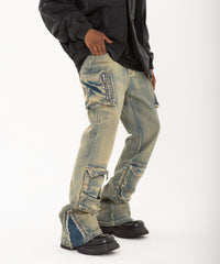 Light Blue Acid Wash 3D Multi-Pocket Zip Flare Leg Denim