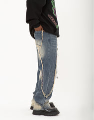 Blue Rinse-Dyed Raw Thread Split Seam Straight Leg Denim