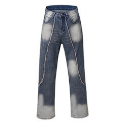 Blue Rinse-Dyed Raw Thread Split Seam Straight Leg Denim