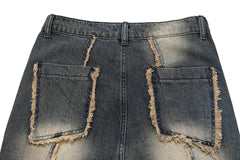 Blue Rinse-Dyed Raw Thread Split Seam Straight Leg Denim