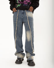 Blue Rinse-Dyed Raw Thread Split Seam Straight Leg Denim