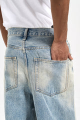 Light Blue Dirty Worn In Wash Ripped Knee Loose Fit Straight Leg Denim