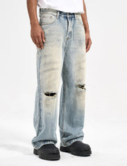 Light Blue Dirty Worn In Wash Ripped Knee Loose Fit Straight Leg Denim