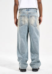 Light Blue Dirty Worn In Wash Ripped Knee Loose Fit Straight Leg Denim