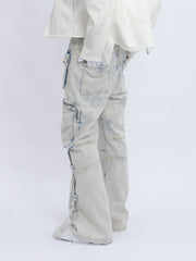 Light Blue Bleach Wash 3D Multi-Pocket Strap Flare Leg Cargo Denim