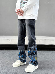 Black Worn In Wash Paint Splatter Flare Leg Denim