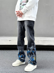 Black Worn In Wash Paint Splatter Flare Leg Denim