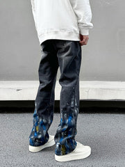 Black Worn In Wash Paint Splatter Flare Leg Denim