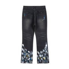 Black Worn In Wash Paint Splatter Flare Leg Denim