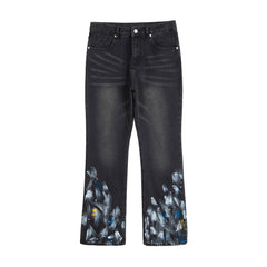 Black Worn In Wash Paint Splatter Flare Leg Denim