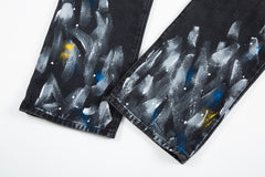 Black Worn In Wash Paint Splatter Flare Leg Denim