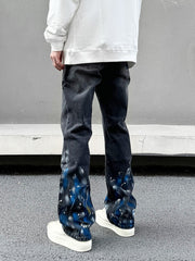 Black Worn In Wash Paint Splatter Flare Leg Denim