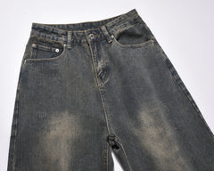 Blue Heavy Stone Wash Distressed Loose Fit Wide Leg Denim