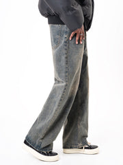 Blue Heavy Stone Wash Distressed Loose Fit Wide Leg Denim