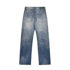 Blue Faded Worn In Wash Distressed 3D Dart Straight Leg Denim