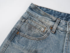 Blue Worn In Wash Dirt Effect Pinched Seam Straight Leg Denim