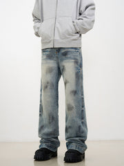 Blue Worn In Wash Dirt Effect Pinched Seam Straight Leg Denim