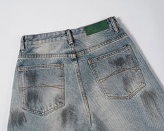 Blue Worn In Wash Dirt Effect Pinched Seam Straight Leg Denim