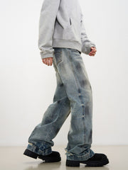 Blue Worn In Wash Dirt Effect Pinched Seam Straight Leg Denim