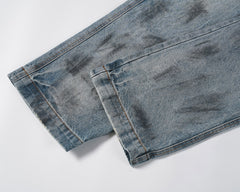 Blue Worn In Wash Dirt Effect Pinched Seam Straight Leg Denim