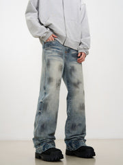 Blue Worn In Wash Dirt Effect Pinched Seam Straight Leg Denim