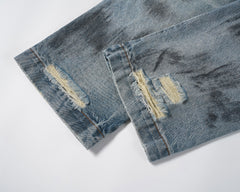 Blue Worn In Wash Dirt Effect Pinched Seam Straight Leg Denim