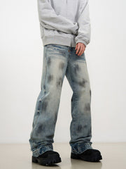 Blue Worn In Wash Dirt Effect Pinched Seam Straight Leg Denim