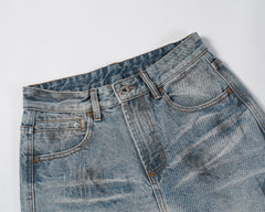 Blue Worn In Wash Dirt Effect Pinched Seam Straight Leg Denim