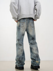 Blue Worn In Wash Dirt Effect Pinched Seam Straight Leg Denim