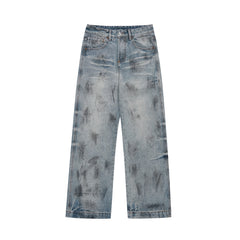 Blue Worn In Wash Dirt Effect Pinched Seam Straight Leg Denim