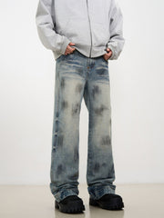 Blue Worn In Wash Dirt Effect Pinched Seam Straight Leg Denim