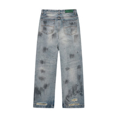 Blue Worn In Wash Dirt Effect Pinched Seam Straight Leg Denim