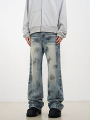 Blue Worn In Wash Dirt Effect Pinched Seam Straight Leg Denim