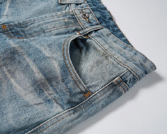 Blue Worn In Wash Dirt Effect Pinched Seam Straight Leg Denim