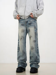 Blue Worn In Wash Dirt Effect Pinched Seam Straight Leg Denim