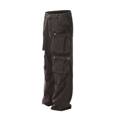 Brown Stone Wash Multi-Pocket Wide Leg Work Pants