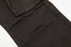 Brown Stone Wash Multi-Pocket Wide Leg Work Pants