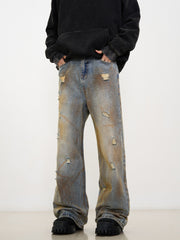Light Blue Mud Stained Wash Ripped & Distressed Wide Leg Denim
