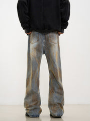 Light Blue Mud Stained Wash Ripped & Distressed Wide Leg Denim