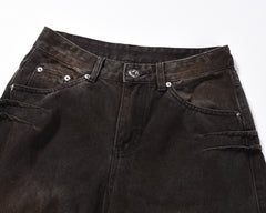 Black Destroyed Wash Sculpted Baggy Wide Leg Denim