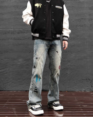 Blue Worn In Wash Paint Splash Cross Seam Flare Leg Denim