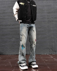 Blue Worn In Wash Paint Splash Cross Seam Flare Leg Denim