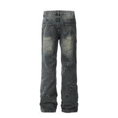 Blue Worn In Wash Paint Splash Cross Seam Flare Leg Denim