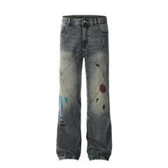 Blue Worn In Wash Paint Splash Cross Seam Flare Leg Denim