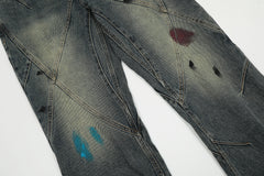 Blue Worn In Wash Paint Splash Cross Seam Flare Leg Denim