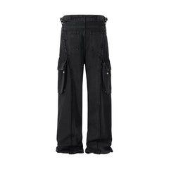 Black Stone Wash Loose Thread Large Flap Pocket Wide Leg Work Pants